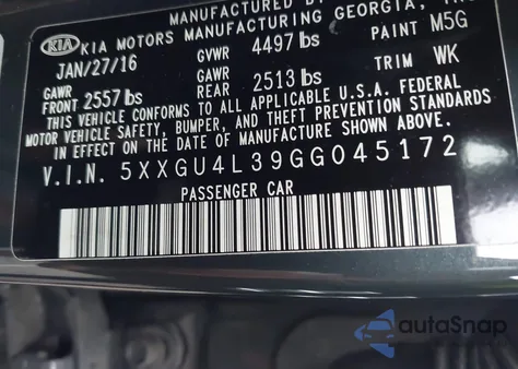 2016 Kia Optima Ex from USA, damaged, VIN 5XXGU4L39GG045172